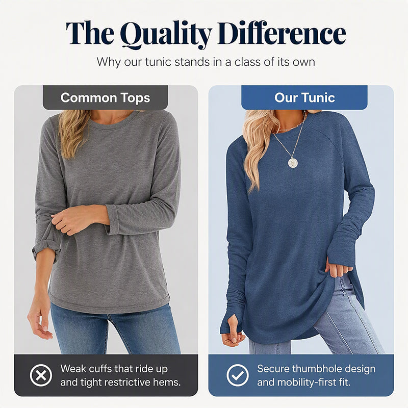✨ Easy Everyday Style 💖Women's Casual Crewneck Long Sleeve Top With Thumb Holes and Curved Hem