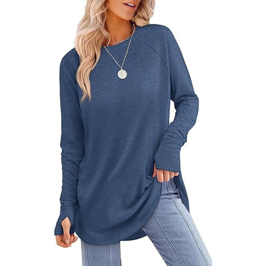 ✨ Easy Everyday Style 💖Women's Casual Crewneck Long Sleeve Top With Thumb Holes and Curved Hem