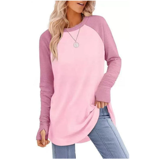 ✨ Easy Everyday Style 💖Women's Casual Crewneck Long Sleeve Top With Thumb Holes and Curved Hem