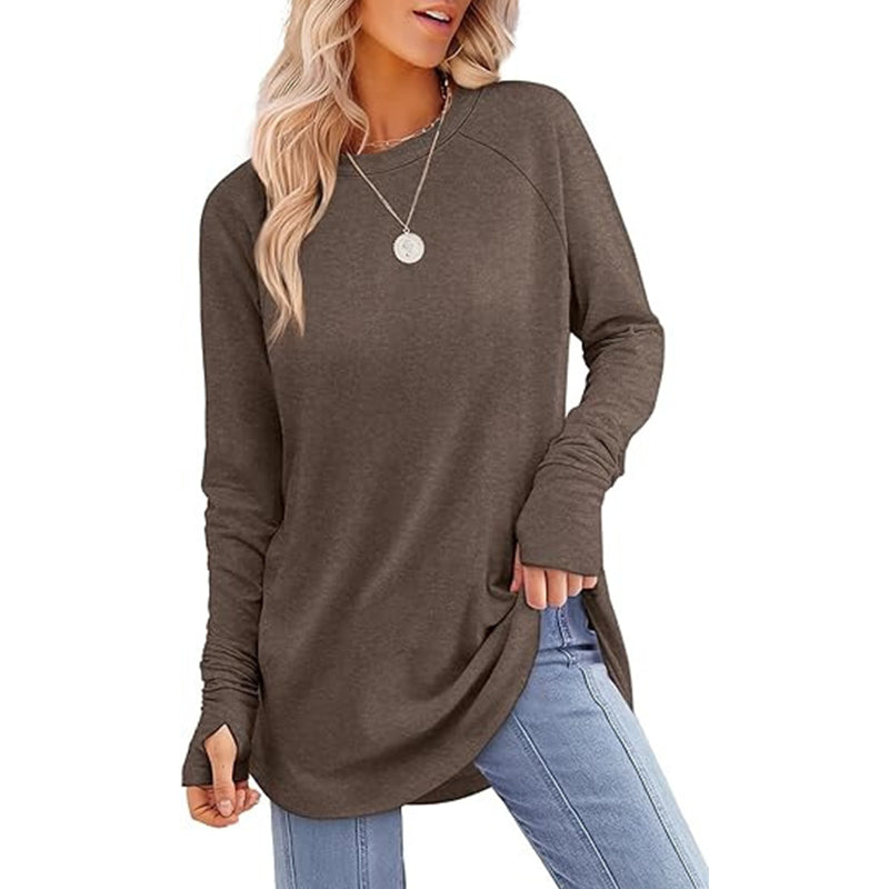 ✨ Easy Everyday Style 💖Women's Casual Crewneck Long Sleeve Top With Thumb Holes and Curved Hem