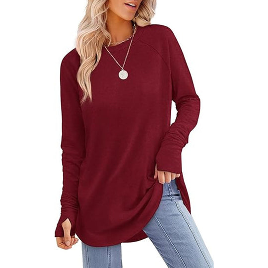 ✨ Easy Everyday Style 💖Women's Casual Crewneck Long Sleeve Top With Thumb Holes and Curved Hem