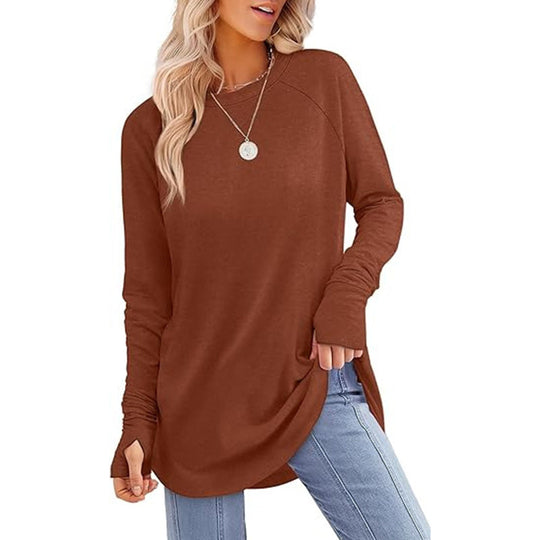 ✨ Easy Everyday Style 💖Women's Casual Crewneck Long Sleeve Top With Thumb Holes and Curved Hem