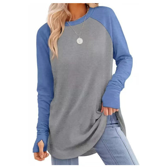✨ Easy Everyday Style 💖Women's Casual Crewneck Long Sleeve Top With Thumb Holes and Curved Hem