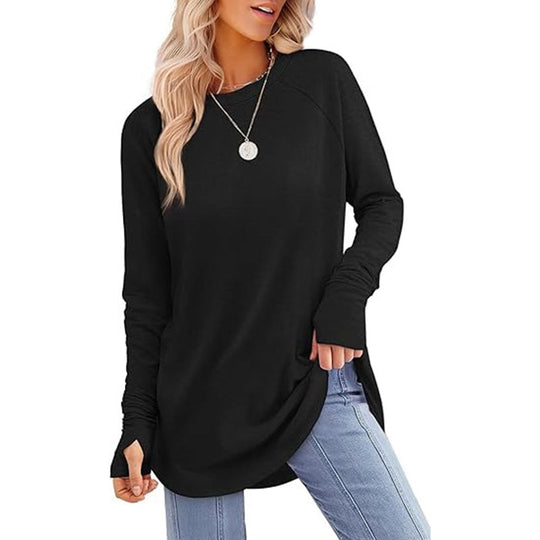 ✨ Easy Everyday Style 💖Women's Casual Crewneck Long Sleeve Top With Thumb Holes and Curved Hem