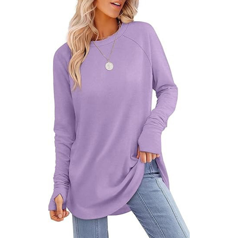 ✨ Easy Everyday Style 💖Women's Casual Crewneck Long Sleeve Top With Thumb Holes and Curved Hem
