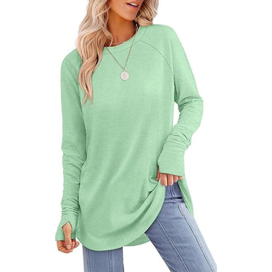 ✨ Easy Everyday Style 💖Women's Casual Crewneck Long Sleeve Top With Thumb Holes and Curved Hem