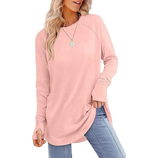 ✨ Easy Everyday Style 💖Women's Casual Crewneck Long Sleeve Top With Thumb Holes and Curved Hem