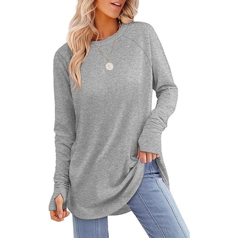 ✨ Easy Everyday Style 💖Women's Casual Crewneck Long Sleeve Top With Thumb Holes and Curved Hem