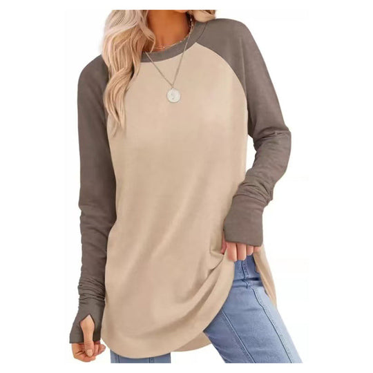 ✨ Easy Everyday Style 💖Women's Casual Crewneck Long Sleeve Top With Thumb Holes and Curved Hem
