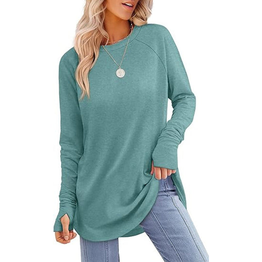 ✨ Easy Everyday Style 💖Women's Casual Crewneck Long Sleeve Top With Thumb Holes and Curved Hem