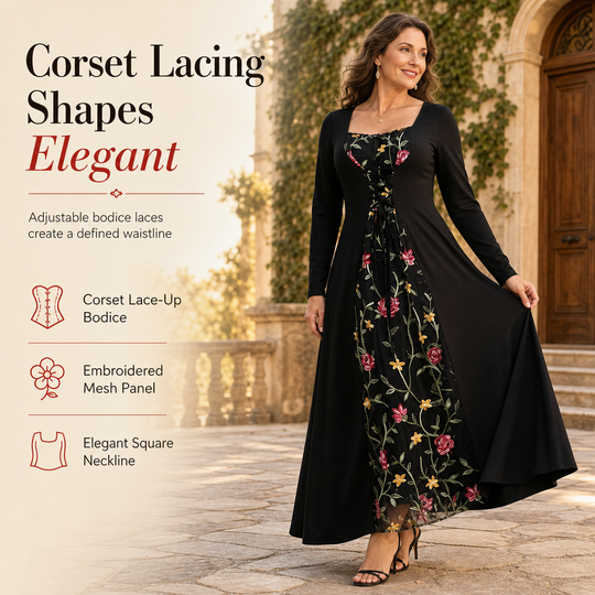 🌹 Black Long Sleeve Square Neck Lace Up Corset Maxi Dress with Floral Embroidered Mesh Panel