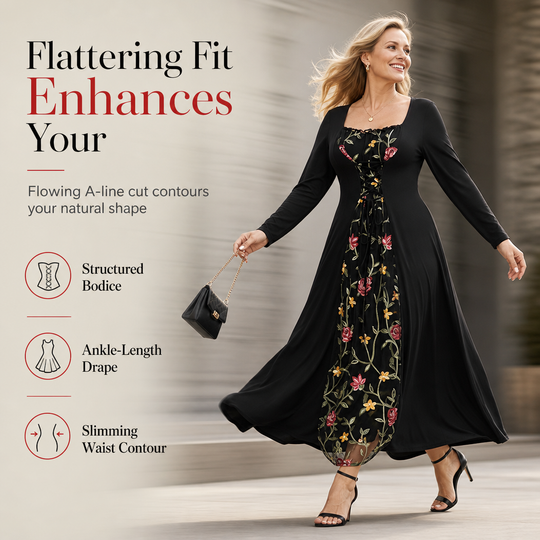 🌹 Black Long Sleeve Square Neck Lace Up Corset Maxi Dress with Floral Embroidered Mesh Panel