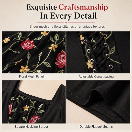 🌹 Black Long Sleeve Square Neck Lace Up Corset Maxi Dress with Floral Embroidered Mesh Panel