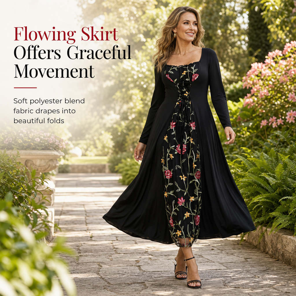 🌹 Black Long Sleeve Square Neck Lace Up Corset Maxi Dress with Floral Embroidered Mesh Panel