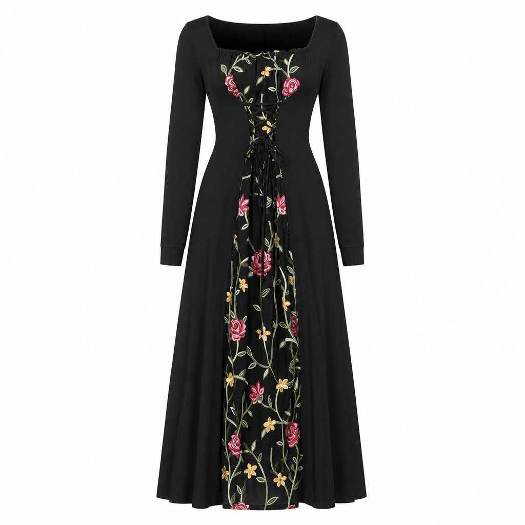 🌹 Black Long Sleeve Square Neck Lace Up Corset Maxi Dress with Floral Embroidered Mesh Panel