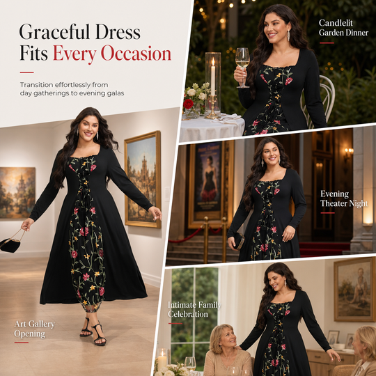 🌹 Black Long Sleeve Square Neck Lace Up Corset Maxi Dress with Floral Embroidered Mesh Panel