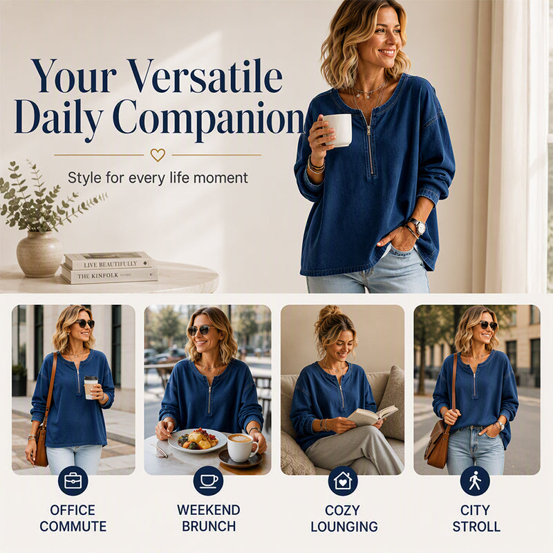 💙 Denim Texture, Easy Half-Zip Style | Women's Long-Sleeve Pullover