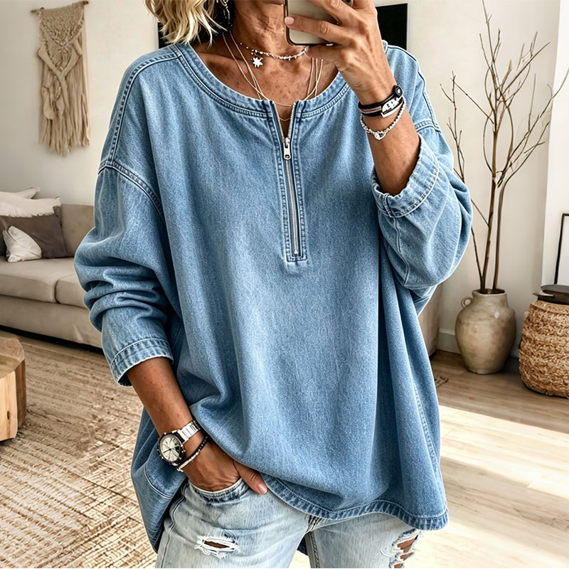 💙 Denim Texture, Easy Half-Zip Style | Women's Long-Sleeve Pullover