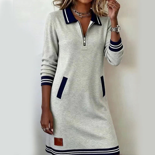 ✨ Striped Detail, Easy Quarter-Zip Style | Women's Collared Pocket Dress