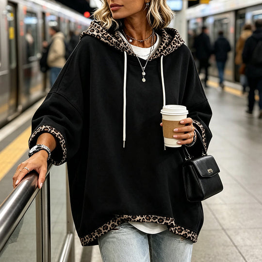 🐆 Leopard Trim, Relaxed Drape | Women's Loose-Fit Hooded Top