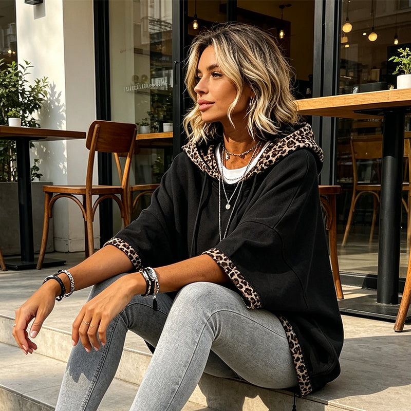 🐆 Leopard Trim, Relaxed Drape | Women's Loose-Fit Hooded Top