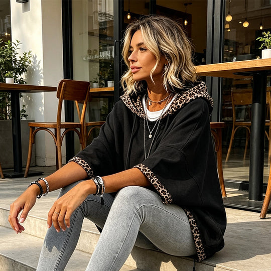 🐆 Leopard Trim, Relaxed Drape | Women's Loose-Fit Hooded Top