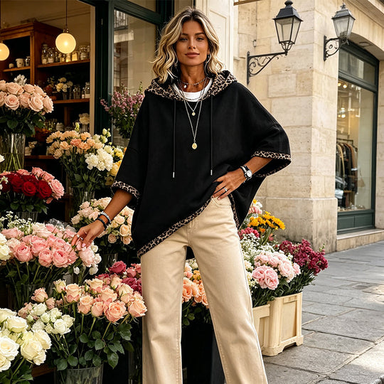 🐆 Leopard Trim, Relaxed Drape | Women's Loose-Fit Hooded Top