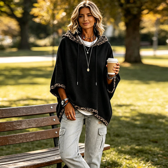 🐆 Leopard Trim, Relaxed Drape | Women's Loose-Fit Hooded Top