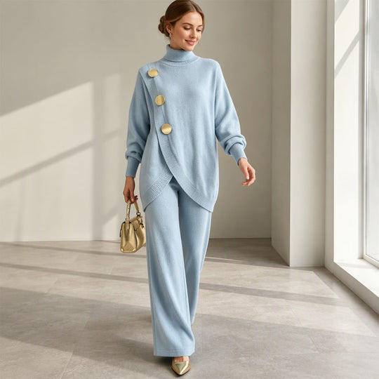 🧶 Effortless Knit Elegance | Women's Turtleneck Sweater & Wide-Leg Pants 2-Piece Set