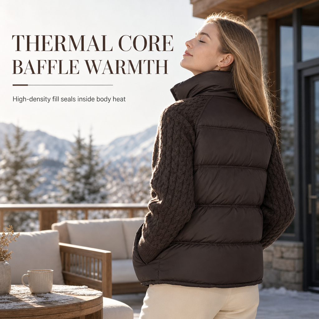 🧶 Knit Sleeves, Puffer Warmth | Women's Cable-Knit Patchwork Puffer Jacket