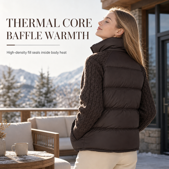 🧶 Knit Sleeves, Puffer Warmth | Women's Cable-Knit Patchwork Puffer Jacket