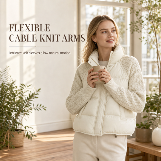 🧶 Knit Sleeves, Puffer Warmth | Women's Cable-Knit Patchwork Puffer Jacket