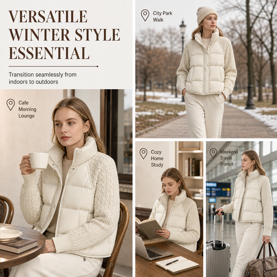 🧶 Knit Sleeves, Puffer Warmth | Women's Cable-Knit Patchwork Puffer Jacket