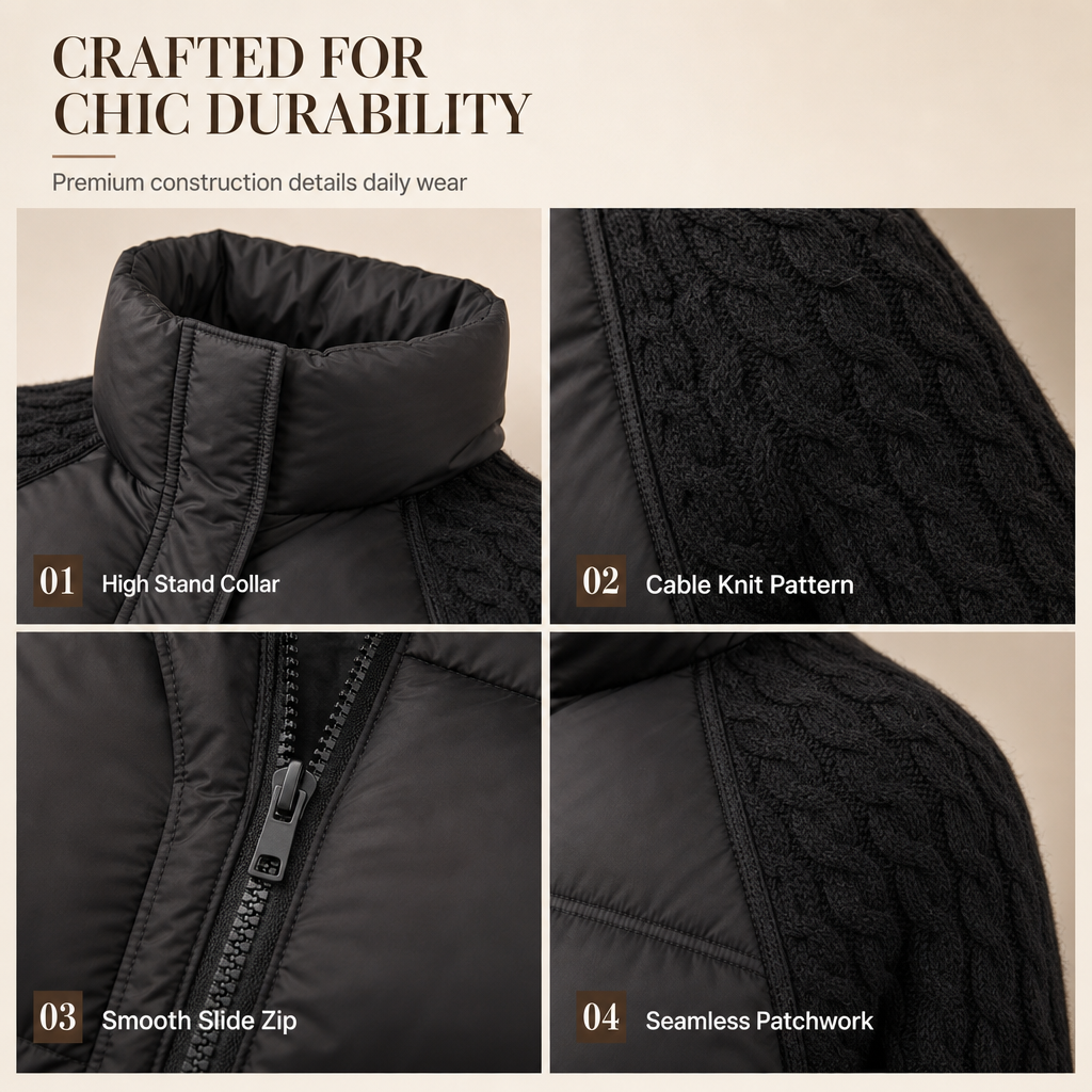🧶 Knit Sleeves, Puffer Warmth | Women's Cable-Knit Patchwork Puffer Jacket