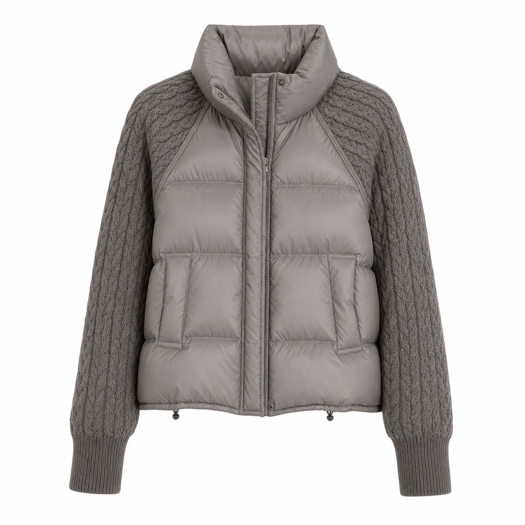 🧶 Knit Sleeves, Puffer Warmth | Women's Cable-Knit Patchwork Puffer Jacket
