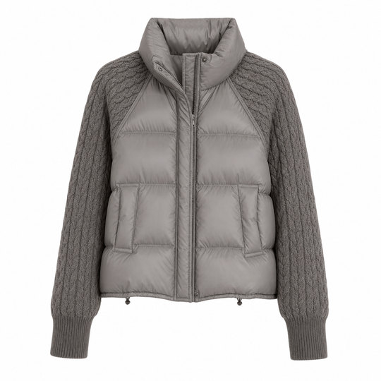 🧶 Knit Sleeves, Puffer Warmth | Women's Cable-Knit Patchwork Puffer Jacket