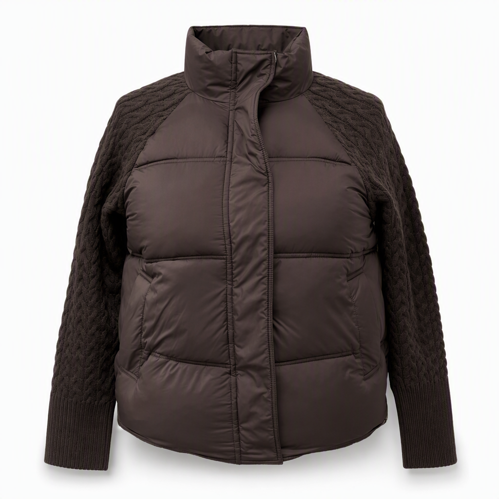🧶 Knit Sleeves, Puffer Warmth | Women's Cable-Knit Patchwork Puffer Jacket