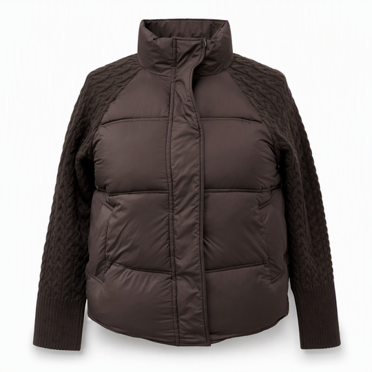 🧶 Knit Sleeves, Puffer Warmth | Women's Cable-Knit Patchwork Puffer Jacket