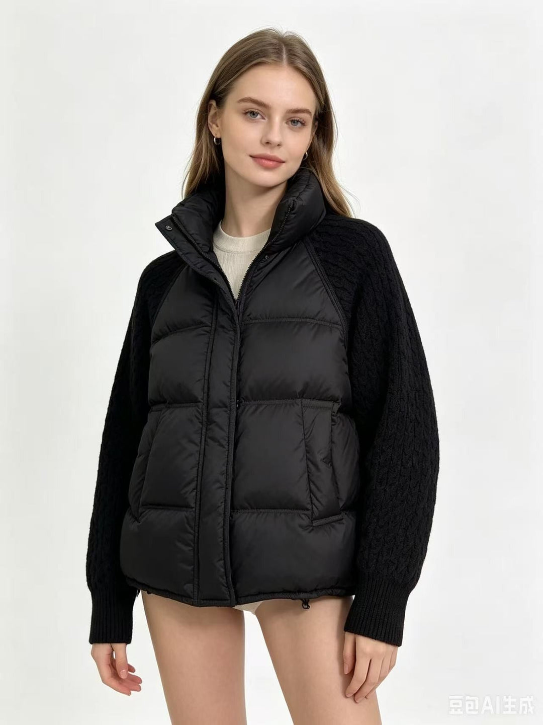 🧶 Knit Sleeves, Puffer Warmth | Women's Cable-Knit Patchwork Puffer Jacket