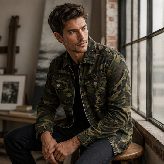 💥 Camo Contrast, Street-Ready Denim | Men's Structured Jacket