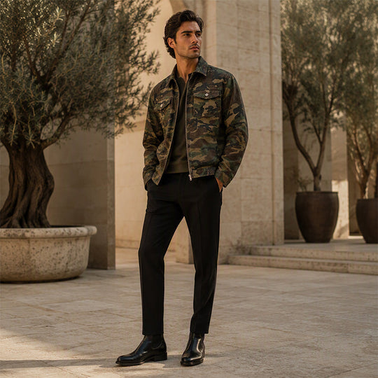 💥 Camo Contrast, Street-Ready Denim | Men's Structured Jacket