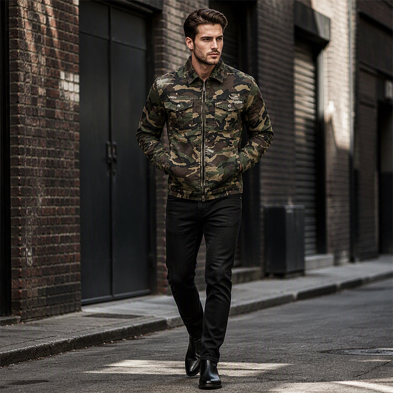 💥 Camo Contrast, Street-Ready Denim | Men's Structured Jacket