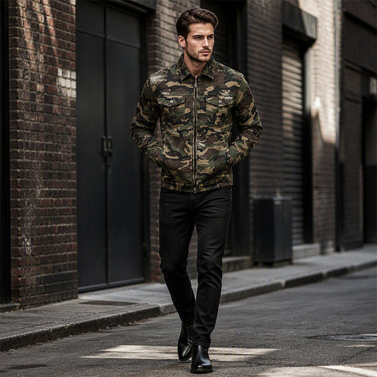 💥 Camo Contrast, Street-Ready Denim | Men's Structured Jacket