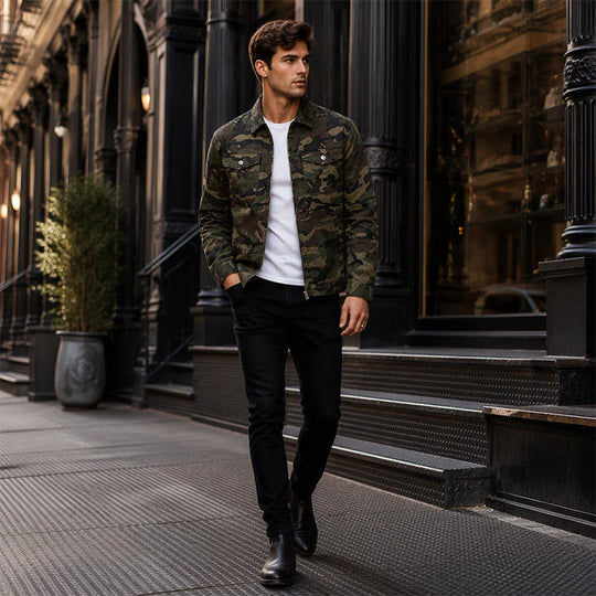 💥 Camo Contrast, Street-Ready Denim | Men's Structured Jacket