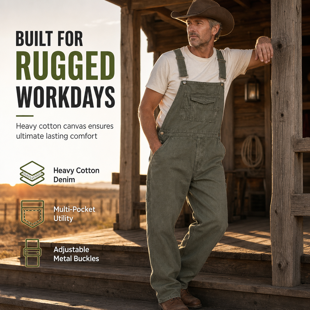 👖 Men's Heavyweight Cotton Denim Overalls | Relaxed Fit, Straight Leg Dungarees with Multi-Pocket Utility ✨