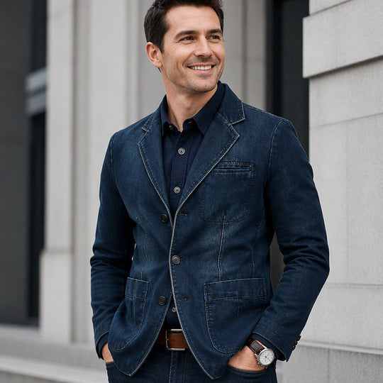 👔 Denim Meets Tailoring | Men’s Slim-Fit Structured Denim Blazer