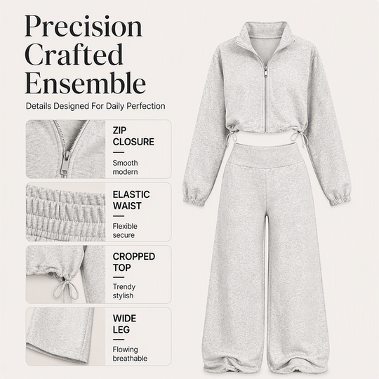 ✨ Relaxed & Put-Together | Women’s Cropped Zip-Up & Wide-Leg Pants 2-Piece Set