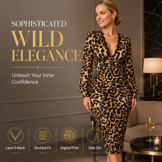 🖤Black Friday Sale:50% OFF 🐆 Lace V-Neck, Curve-Flattering Ruched Fit | Women's Leopard Midi Dress