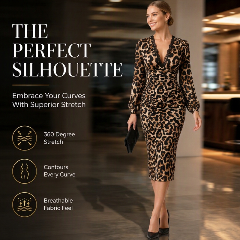 🖤Black Friday Sale:50% OFF 🐆 Lace V-Neck, Curve-Flattering Ruched Fit | Women's Leopard Midi Dress