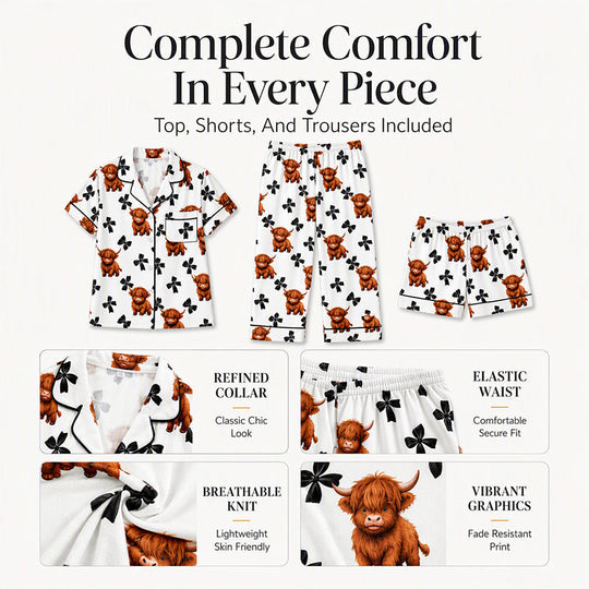 🐮Cute Highland Cow Print, 3-Piece Fun Pajama Set – Cozy Lounge & Sleepwear ✨